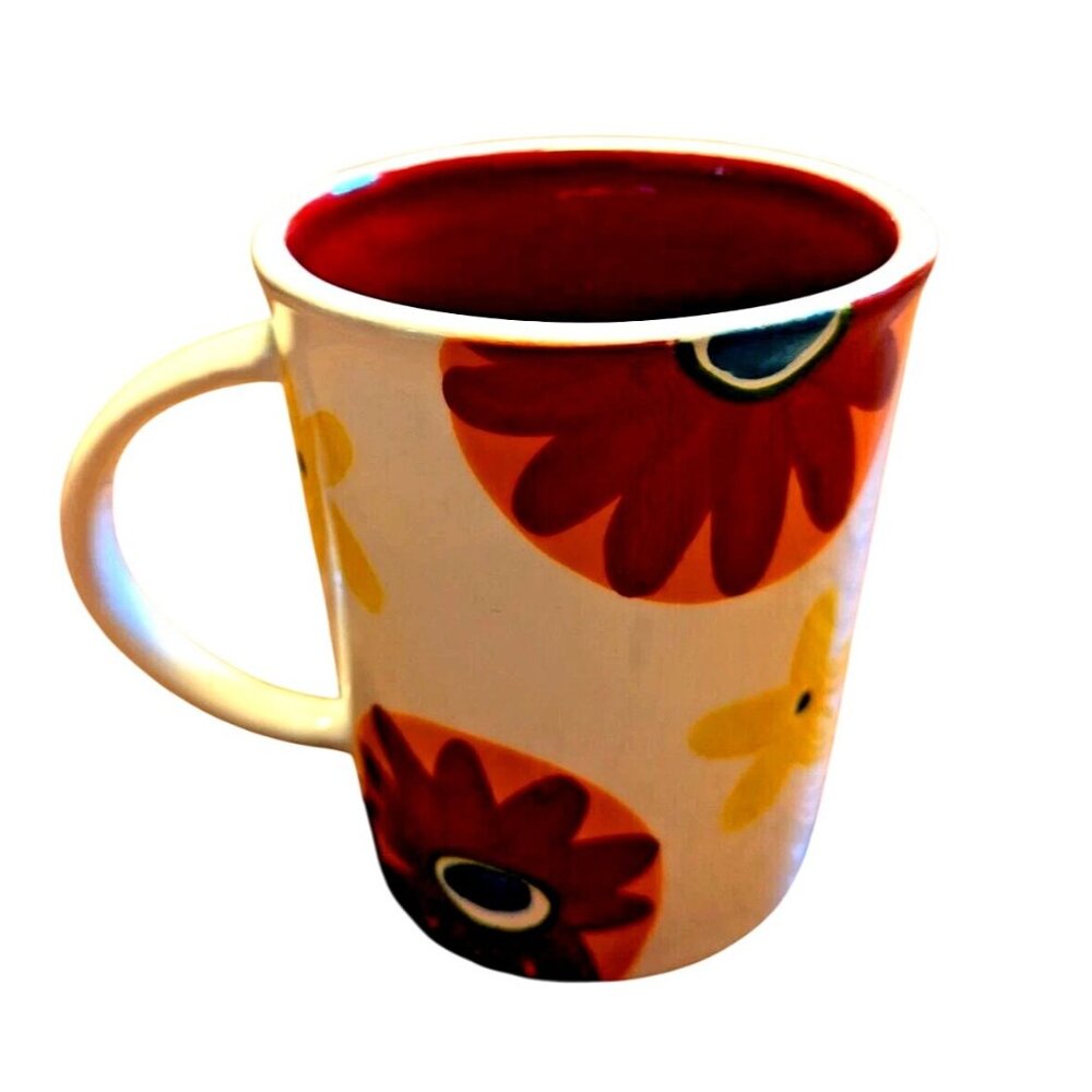 Starbucks Hand-Painted 16 Oz Ceramic Coffee Mug Colorful Flower Design Red Inter